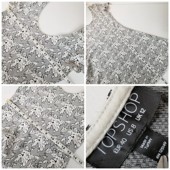 Topshop Black White Floral Print Skater Dress Sz 8 - Picture 5 of 5